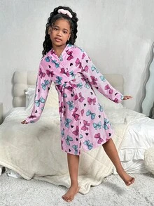 SHEIN Tween Girl's Bow Decor Long Sleeve Hooded Removable Waist Belt Flannel Bathrobe, Autumn/Winter - Pink - View 4