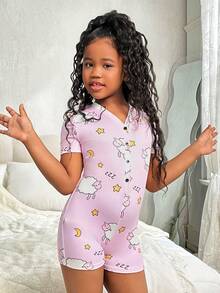 SHEIN Macaquinho Pijama Confortável com Decote V e Meia-Abertura para Meninas Pré-Adolescentes com Estampas Fofas de Ovelha e Estrela - Rosa chiclete - Visão 3