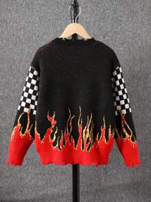 青少年男孩时尚破洞针织毛衣，配赛车格纹火焰印花圆领套头衫 - 黑色 - 查看 2
