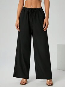 SHEIN PETITE High-Waisted Leopard Print & Black Solid Color Wide-Leg Trousers Two-Piece - Multicolor - View 4