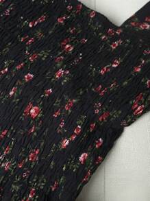 Franclia 女士方领短袖花卉印花衬衫荷叶边上衣 - 黑色 - 查看 6