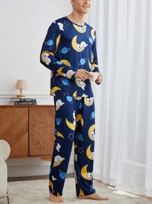 男士全印花圆领长袖上衣和长裤休闲家居服套装 - 彩色 - 查看 6