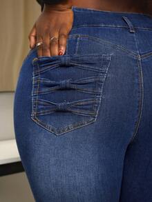 SHEIN SXY 大码女式口袋纽扣前紧身休闲百搭牛仔裤 - 深色水洗藍 - 查看 2