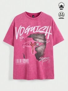 Manfinity EMRG 男士超大街头风格复古做旧涂鸦红眼文字万圣节 + 亡灵节印花洋红色落肩雪洗足球球衣风格 T 恤。 - 玫紅色 - 查看 4