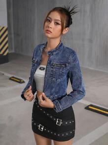 SHEIN 1pc Teen Girl Y2K Blue Denim Motorcycle Jacket,Fall Back To School Cute Clothes Outfits - Dark Wash - View 5