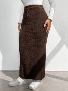 Calvaya 1pc Plus Size Women's Solid Color Maxi Casual Knitted Skirt - قهوة بني - مشاهدة 3