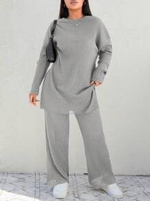 Cloudara Plus Size  Drop Shoulder Split Hem Tee & Pants - Grey - View 1
