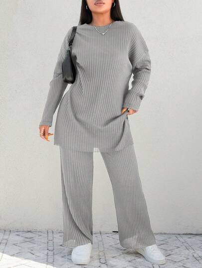 RueChic Plus Size  Drop Shoulder Split Hem Tee & Pants