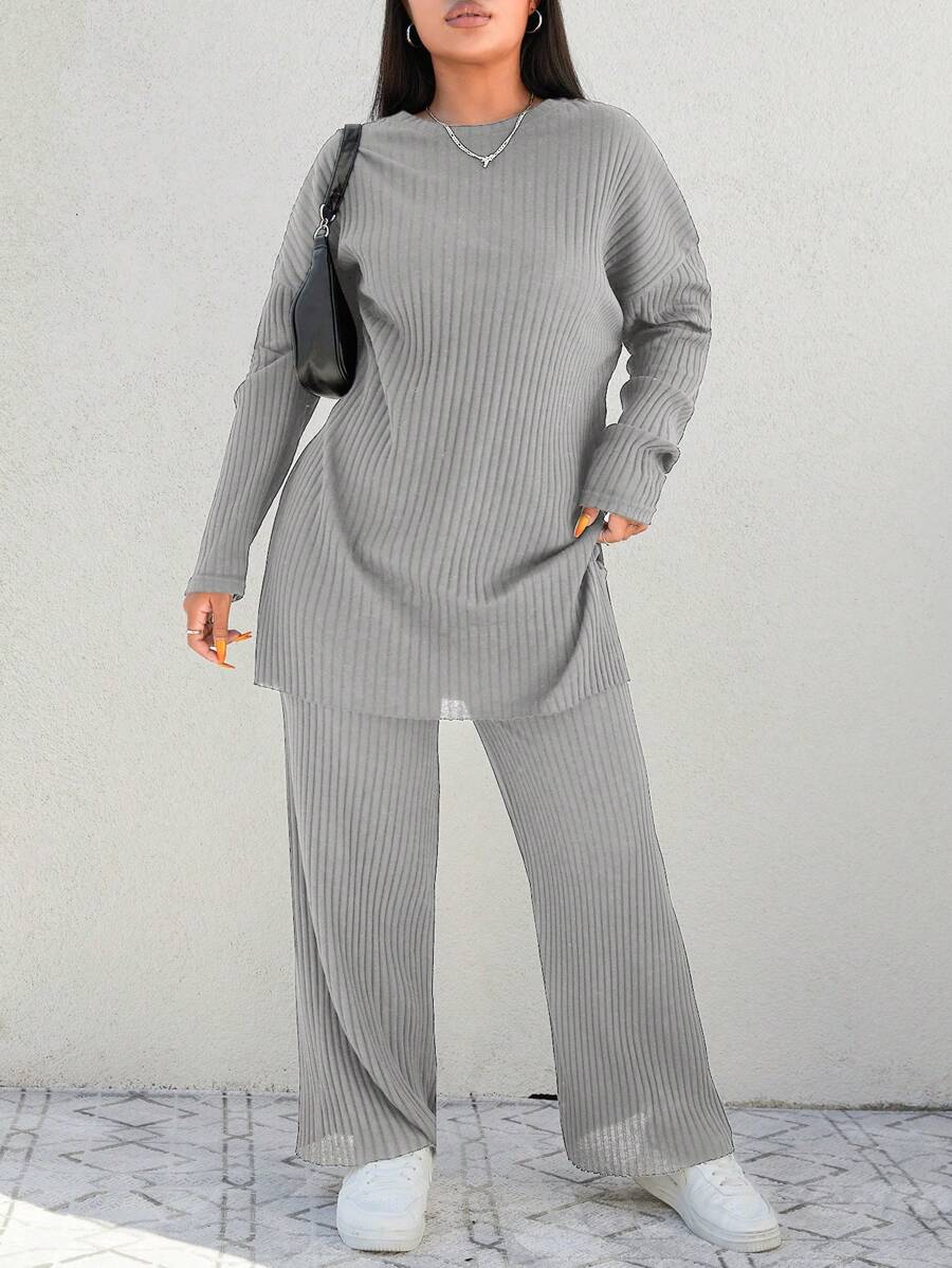 Cloudara Plus Size Drop Shoulder Split Hem Tee & Pants - Grey - View 1