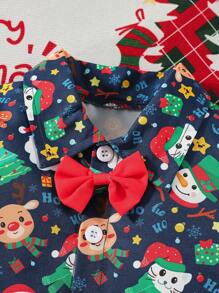 2pcs Baby Boy Santa Claus & Gingerbread Man Christmas Print Long Sleeve Shirt & Red Suspender Pants Set, For Christmas Party Role Play