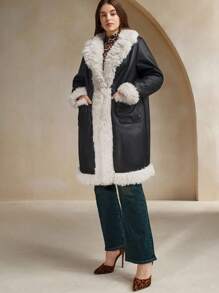 Anewsta Plus Size Women's Fur Trimmed Waist Length Regular Coat - Black - View 6