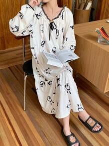 DAZY Women Cute Rabbit Pattern Contrast Trim Drawstring Nightgown