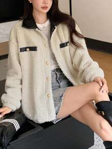 DAZY Chaqueta casual regular de manga larga con forro térmico y bloques de color para mujer, ropa de mujer de otoño/invierno