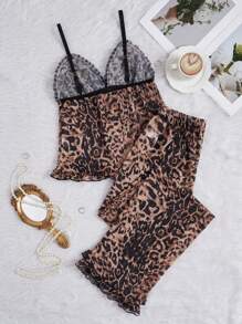 Snug Zone 2pcs Set Contrast Ruffle Trim Leopard Print Camisole And Pants Bridallingerie - White - View 2