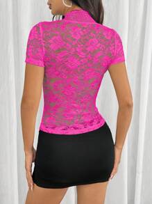 EgrlEra 女士夏季深V领短袖修身性感蕾丝上衣 Y2K - 玫紅色 - 查看 2