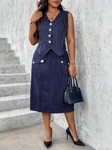SHEIN Clasi Plus Size Women's Summer Striped Single-Breasted Vest And Midi Skirt Casual Suit