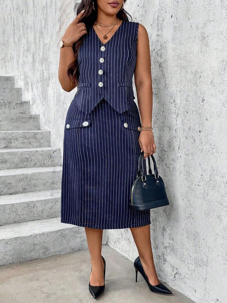 SHEIN Clasi Plus Size Women's Summer Striped Single-Breasted Vest And Midi Skirt Casual Suit - Navy Blue - View 5