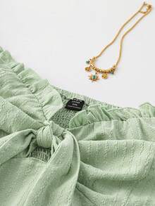 Celure 大码女式夏季纯色荷叶边扭纹抹胸 - 綠色 - 查看 6