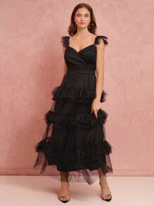 Enchnt Romantic Fall  Elegant Black Ruffle Hem Long Mesh Dress, Date Night Princess Dress For Party,Cocktail And Prom - Black - View 7