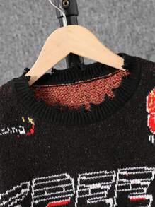 青少年男孩时尚破洞针织毛衣，配赛车格纹火焰印花圆领套头衫 - 黑色 - 查看 5