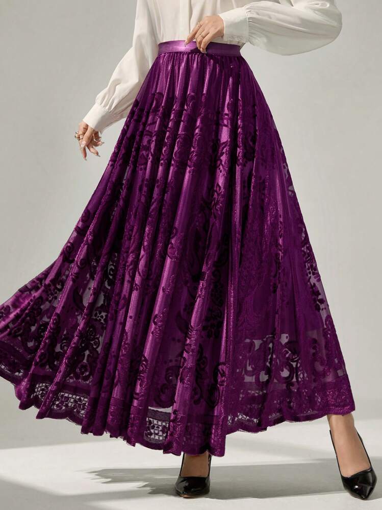 Modelyn Solid Color Hollow Shell Trim Patchwork Casual Skirt Maxi Women Outfit Fall Cloth For Women - Purple - View 5