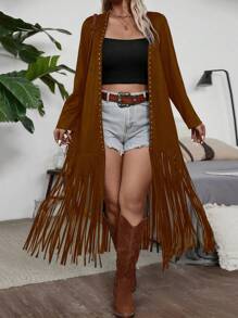 EMERY ROSE Áo khoác tay dài mỏng nhẹ đính hạt và tua rua cỡ lớn - màu nâu - Xem 1