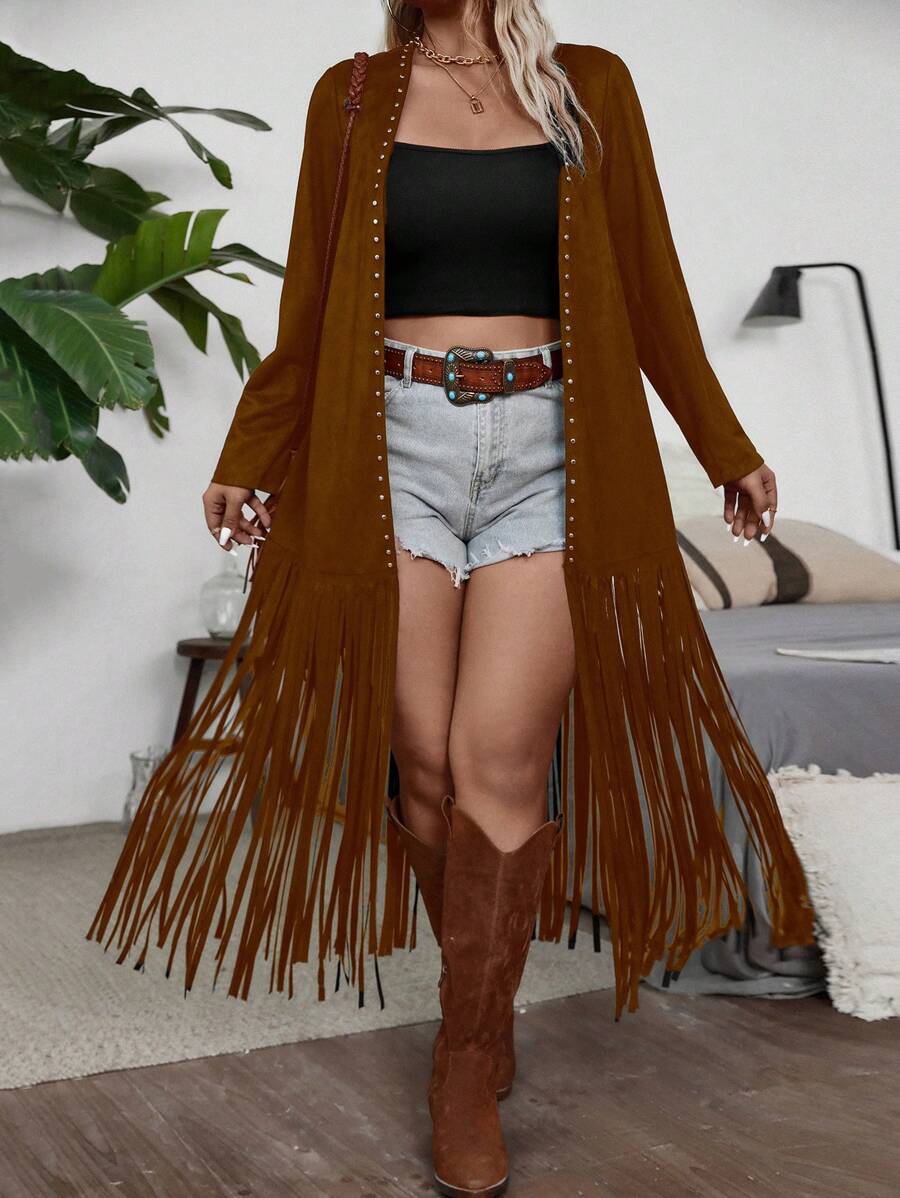 EMERY ROSE Áo khoác tay dài mỏng nhẹ đính hạt và tua rua cỡ lớn - màu nâu - Xem 1