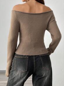 SHEIN Unity Casual Off-Shoulder Sweater, Long Sleeve Tops, Knit Pullover Fall Winter - Camel - View 2