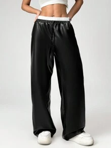 SHEIN EZwear Women's Contrast Color Lace-Up Leather Wide-Leg Casual Leather Pants