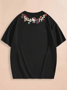 HELLO KITTY AND FRIENDS | SHEIN Unisex 1pc Casual Cartoon & Letter Print Drop Shoulder Loose Short Sleeve T-Shirt, Summer - Black - View 2