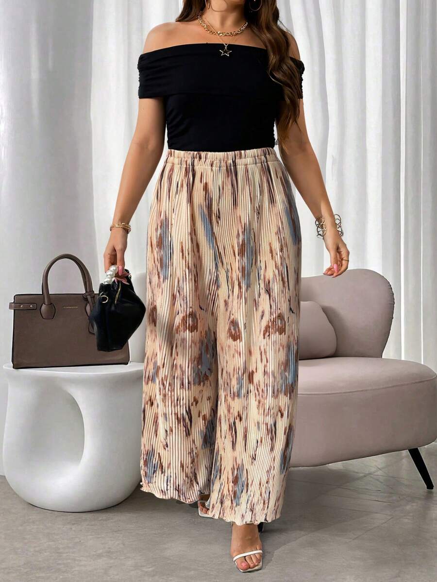 Celure Plus Size All-Over Print Casual Loose Pants, Daily Wear - Apricot - View 1