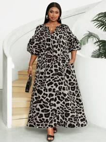 Maweii Plus Size Leopard Print Puff Sleeve Dress - Light Grey - View 3