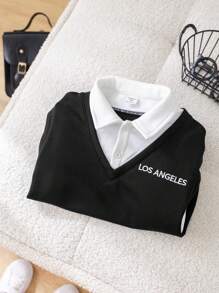 1 chiếc áo nỉ dài tay cổ chữ V rộng rãi 2 trong 1 cho bé trai, màu trắng và xanh lam tương phản, thích hợp cho các buổi đi chơi, đi học, mùa thu/đông - màu đen - Xem 5