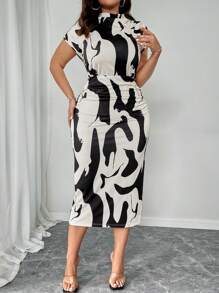 Elenzga 秋季加大码女装高领紧身弹力黑白印花腰部褶皱修身迷你连衣裙长款女装假日女装 - 彩色 - 查看 4