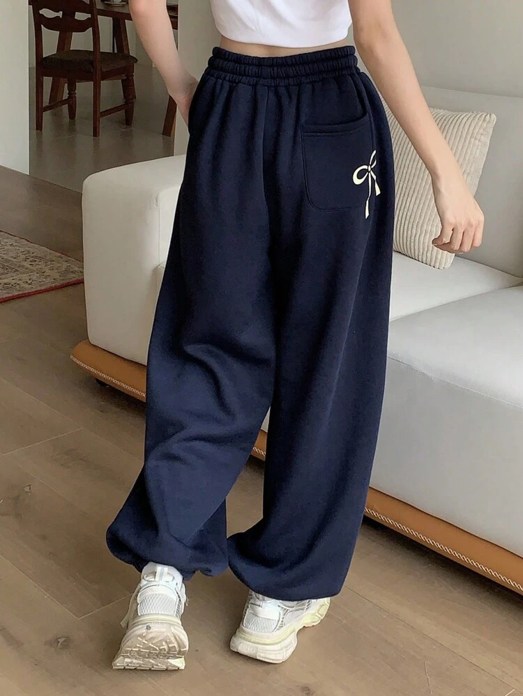 Women Loose Sweatpants With Contrast Color, Drawstring And Butterfly Print Pockets Fall,Winter