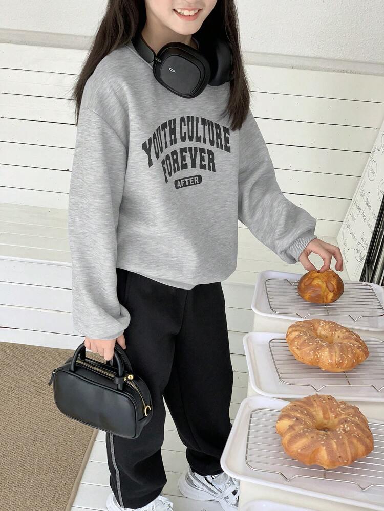 2pcs Tween Girl Knitted Fleece Letter Print Sports Set, Fall, Winter