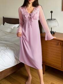 DAZY Satin & Contrast Lace Ruffle Sleeve Waist Cinched Nightgown Pajama - Dusty Pink - View 7