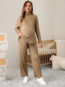 SHEIN Bộ quần áo bà bầu 2 món - Áo hoodie cổ cao dài tay & Quần ống rộng có thể điều chỉnh eo, Thu Đông - Cà phê nâu - Xem 3