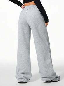 Coolane 女士纯色休闲运动日常休闲带羊毛口袋抽绳直筒休闲宽松舒适运动宽松运动裤秋冬季 - 灰色 - 查看 2