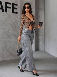 SHEIN Essnce Women Denim Jeans With Pentagram And Leopard Print - Grey - View 7