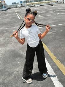 SHEIN Girlism Tween Girl Ribbed Ruched Short Sleeve Tee With Patch Pocket Casual Pants 2-Piece Set - Black - View 4