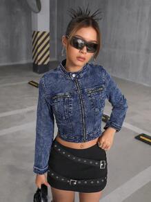 SHEIN 1pc Teen Girl Y2K Blue Denim Motorcycle Jacket,Fall Back To School Cute Clothes Outfits - Dark Wash - View 12