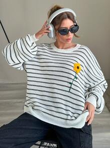 EURMUSE Áo len dệt kim thêu họa tiết sọc thường ngày cho nữ - Màu be - Xem 5