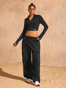 SHEIN Dewbera Áo nỉ dài tay thường ngày tối giản in họa tiết cho nữ, áo crop top đen dài tay mùa thu - màu đen - Xem 8