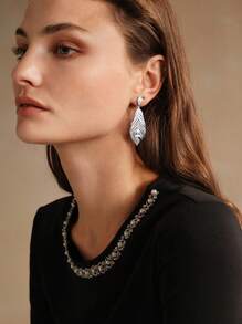 SHEIN Elegant Feather Design Rhinestone Decorated Silver-Tone Dangle Earrings - White - View 8