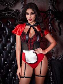 SHEIN Sexy Little Red Riding Hood Contrast Color Cosplay Costume For Women, Halloween - Red - View 4