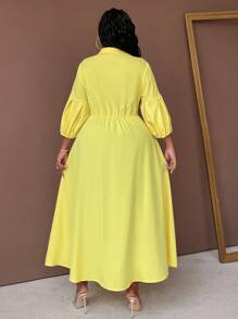 Maweii Đầm Maxi Dài Tay Xếp Ly Cổ Áo Sơ Mi Màu Trơn Cỡ Lớn Cài Nút Phía Trước Trang Phục Thường Ngày Cho Nữ - Màu vàng - Xem 2