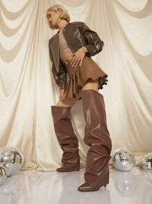 SHUZIA Giày bốt cao gót qua đầu gối dành cho nữ, kiểu dáng stiletto, có nắp gập, thích hợp cho kỳ nghỉ hè, du lịch mùa xuân, lễ Phục sinh và Giáng sinh. - màu nâu - Xem 3