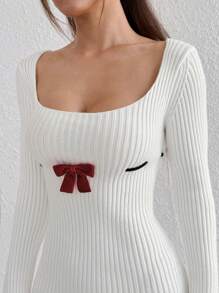 Flirla Women's Fashion Bow Accent Long Sleeve Sweater Dress - White - View 3