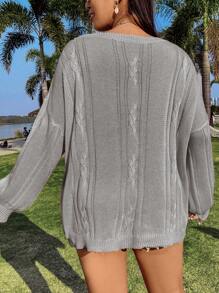 Flirla Plus Size Solid Color Long Sleeve Minimalist Pullover Sweater - Casual Daily Wear - Grey - View 2